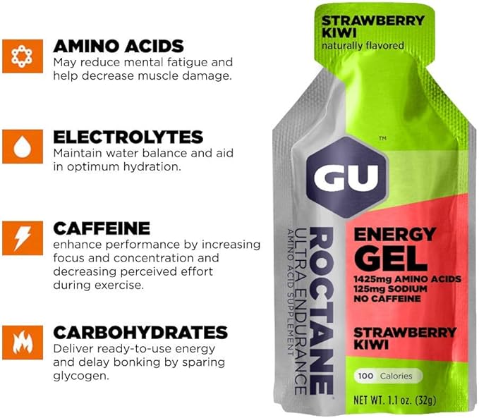 GU Energy Roctane Ultra Endurance Energy Gel, Vegan, Gluten-Free, Kosher, and Dairy-Free On-The-Go Sports Nutrition for Running, Biking, Hiking or Skiing, Strawberry Kiwi (24 Packets)
