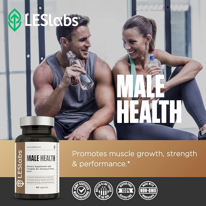 LES Labs Male Health – Enhance Hormone Production, Strength & Vitality, Drive & Endurance – Tongkat Ali, Ginseng, Maca & Boron – Non-GMO Supplement – 60 Capsules