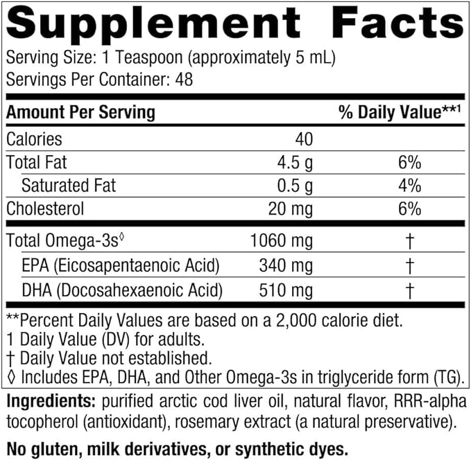 Nordic Naturals Arctic Cod Liver Oil, Orange - 8 oz - 1060 mg Total Omega-3s with EPA & DHA - Heart & Brain Health, Healthy Immunity, Overall Wellness - Non-GMO - 48 Servings