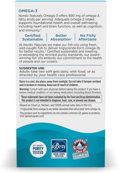 Nordic Naturals Omega-3, Lemon Flavor - 180 Soft Gels - 690 mg Omega-3 - Fish Oil - EPA & DHA - Immune Support, Brain & Heart Health, Optimal Wellness - Non-GMO - 90 Servings