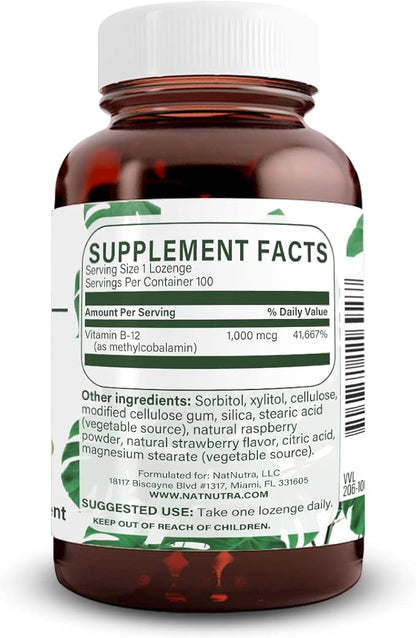 Natural Nutra Vegan Methyl B12 1000mcg, Heart Health and Energy Booster Supplement, Gluten Free, Support Energy Transformation, Enhance Immune Response, Help Brain Function, 100 Vegan Lozenges