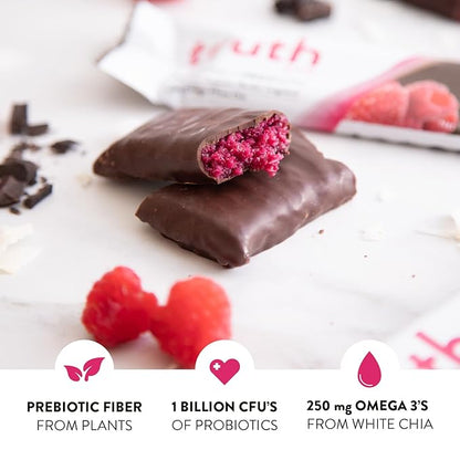 Truth Bar Prebiotic & Probiotic Keto Snack Vegan Bars with Omega-3's - Synbiotic High Fiber Snacks - Low Sugar, Kosher, Gluten Free - Dark Chocolate Coconut Raspberry Truffle (Pack of 12)