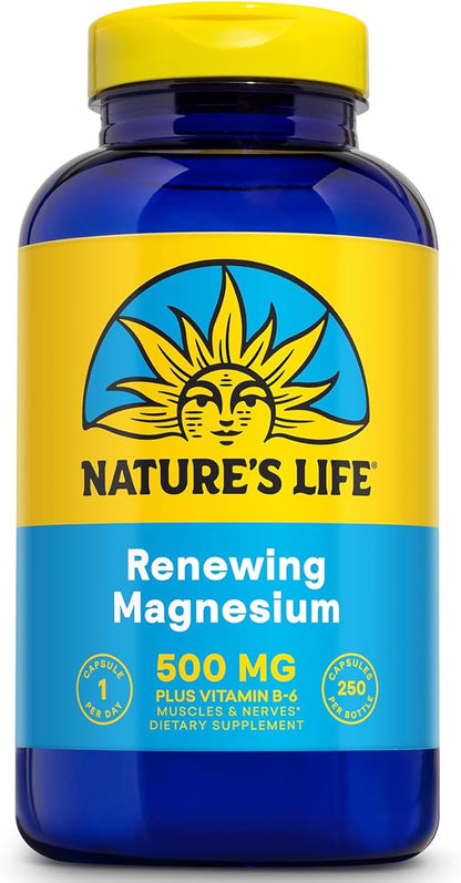 Nature’s Life Renewing Magnesium 500 mg - Magnesium Citrate, Magnesium Malate, Magnesium Oxide Plus Vitamin B-6 - Muscles and Nerves Support - Lab Verified (250 Servings, 250 VegCaps)