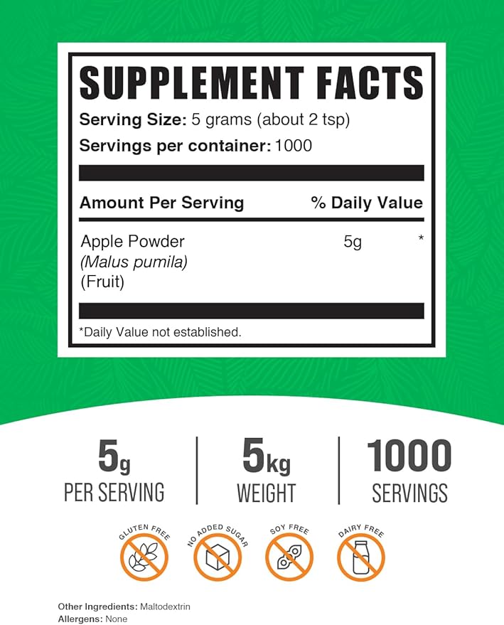 BulkSupplements.com Apple Powder - Apple Fruit Powder, Superfood for Digestive Support - Natural & Gluten Free, 5g per Serving, 5kg (11 lbs) (Pack of 5)