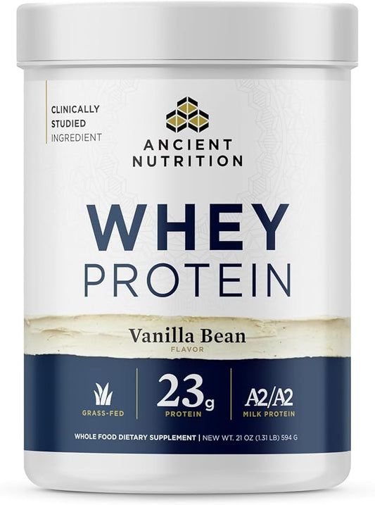 Ancient Nutrition Grass Fed Whey Protein, Vanilla Bean, 23g Protein, 20 Servings, Hydrolyzed Collagen Peptides, Organic Regenerative A2/A2 Milk Protein