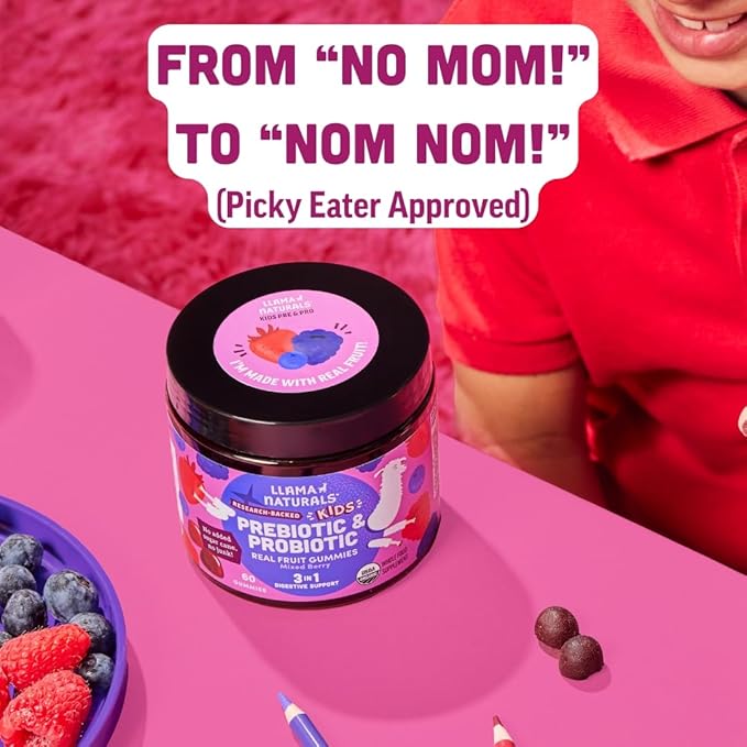 Llama Naturals Real Fruit Prebiotic & Probiotic Kids Gummies, No Added Sugar Cane, Children Digestion, Toddler Tummy Aches, Gut Health, 2B CFU, Mixed Berry, 120 ct (60-120 Days)