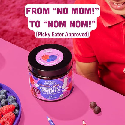 Llama Naturals Real Fruit Prebiotic & Probiotic Kids Gummies, No Added Sugar Cane, Children Digestion, Toddler Tummy Aches, Gut Health, 2B CFU, Mixed Berry, 120 ct (60-120 Days)