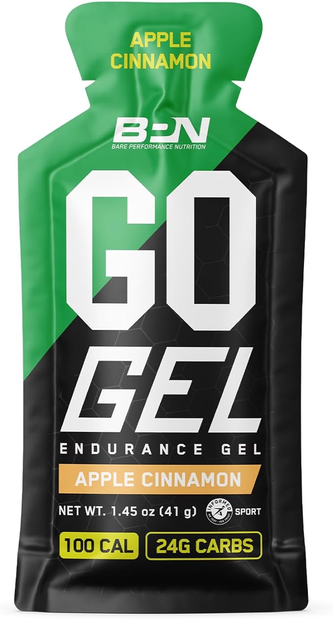 BARE PERFORMANCE NUTRITION, BPN Go Gel Endurance Gel, Vegan + Gluten Free Running Gel with 24g of Carbohydrates & 100 Calories per Gel Pack, 10 Single-Serving Gel Packs, Apple Cinnamon