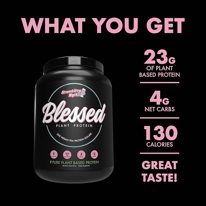Blessed Vegan Protein Powder - Plant Based Protein Powder Meal Replacement Protein Shake, 23g of Pea Protein Powder, Dairy Free, Gluten Free, Soy Free, No Sugar Added, 30 Servings (Strawberry Mylk)
