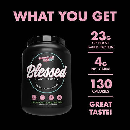 Blessed Vegan Protein Powder - Plant Based Protein Powder Meal Replacement Protein Shake, 23g of Pea Protein Powder, Dairy Free, Gluten Free, Soy Free, No Sugar Added, 30 Servings (Strawberry Mylk)