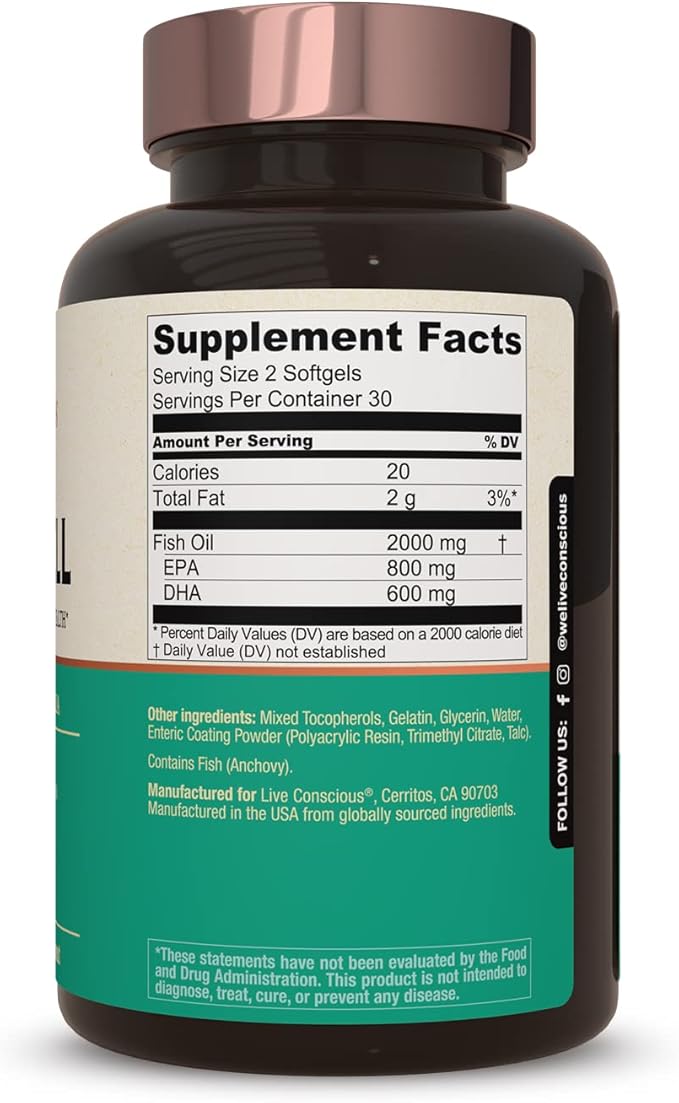OmegaWell Omega 3 Fish Oil - 2000mg Capsules: Heart, Brain, & Joint Support - 800 mg EPA 600 mg DHA - Sustainably Sourced - Omega 3 Fish Oil Mini Softgels - 30 Day Supply