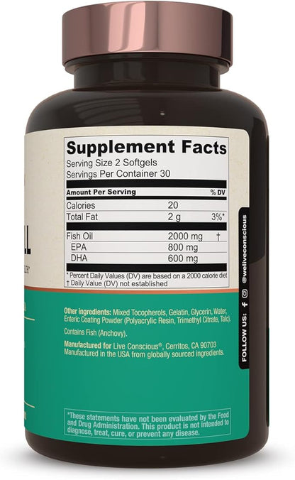 OmegaWell Omega 3 Fish Oil - 2000mg Capsules: Heart, Brain, & Joint Support - 800 mg EPA 600 mg DHA - Sustainably Sourced - Omega 3 Fish Oil Mini Softgels - 30 Day Supply