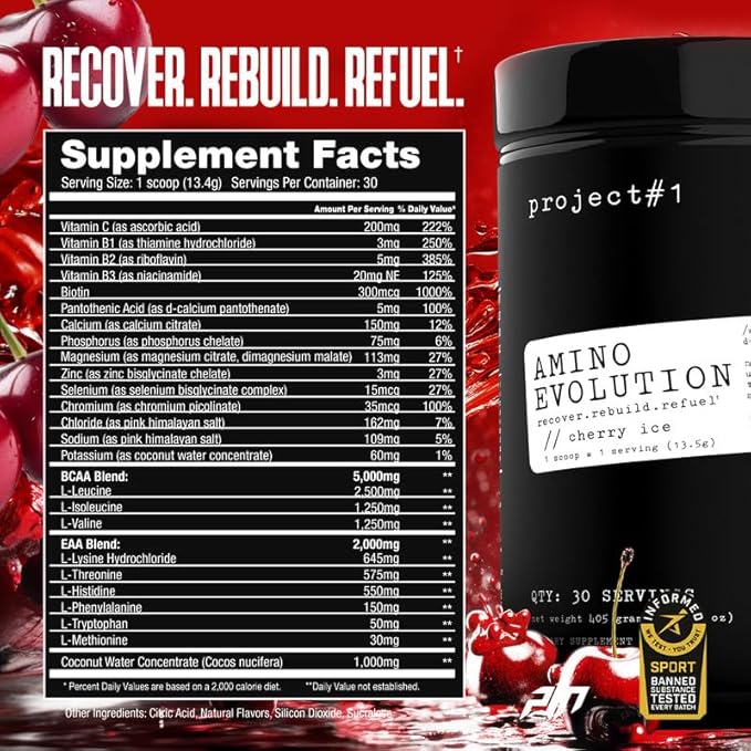 Project #1 AminoEVolution: Muscle Support & Recovery | BCAA's, EAA's, Electrolytes Powder | Keto-Friendly Energy Boost | Pre Workout for Men & Women | 30 Servings - Cherry Ice | Amino Acids