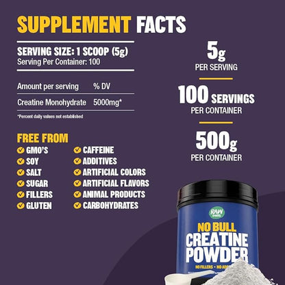 “No Bull” Creatine Powder, Bulk Supplements Creatine Monohydrate for Faster Recovery, Increased Muscle Volume, Strength & Power, Micronized Creatine for Men & Creatine for Women, 500g