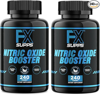 FX SUPPS Nitric Oxide Booster | Bodybuilding Pre Workout Pills for Men and Women (2 Pack of 240 Capsules) Boost Energy Pump & Vascularity | Muscle Builder Supplement with Arginine, Best for Athletes