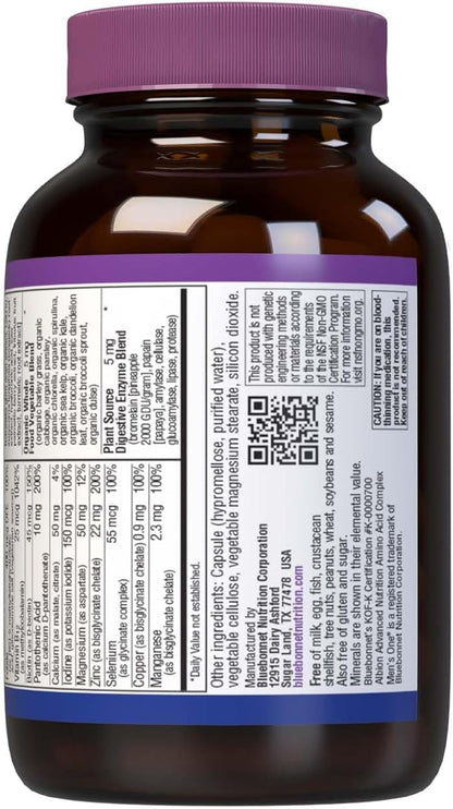 Bluebonnet Nutrition Mens' ONE 40+ Whole Food-Based Multiple, Men Multivitamin for Men 40+, Soy-Free, Non-GMO, Gluten Free, Kosher, 30 Vegetable Capsules, 30 Servings