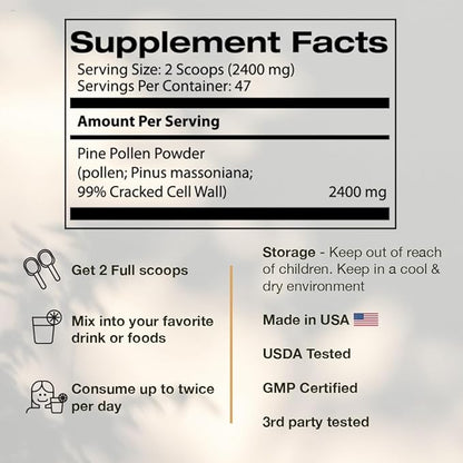 Pine Pollen Powder Wild Harvested - 99% Cracked Cell Wall (4oz/114g) Supports Healthy Energy & Longevity