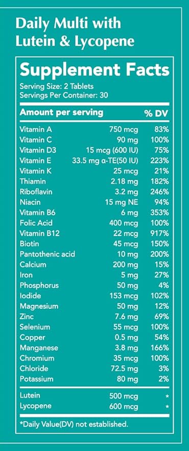 DAIKEN Lutein Multivitamin with Lycopene, Time Released Multivitamin for Women & Men, 27 Full Spectrum Vegan Multivitamin, Mini & Easy to Swallow, 60 Tablets (Pack of 2)