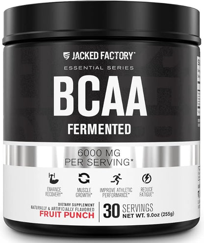 BCAA Powder (Fermented) - 6g Branched Chain Essential Amino Acid Supplement for Improved Muscle Recovery, Reduced Fatigue, Increased Strength, and Muscle Growth - 30 Servings, Fruit Punch