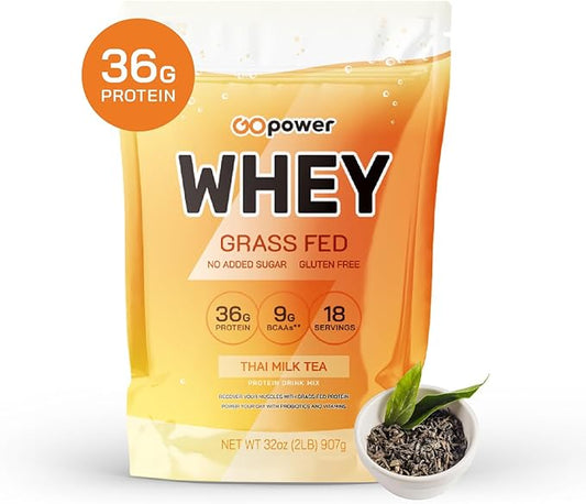 GOPOWER Whey Protein Powder, with BCAAs, Grass Fed Protein Powder, 2 Pound, 18 Servings