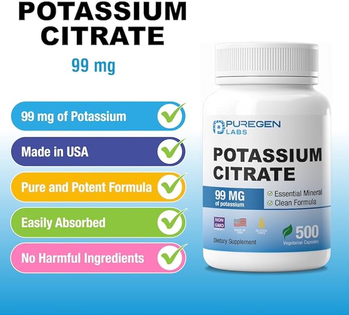 Puregen Labs Potassium Citrate 99 mg of Elemental Potassium Supplement | No Harmful Additives | Non-GMO, Gluten Free | Made in USA - 500 Vegetarian Capsules