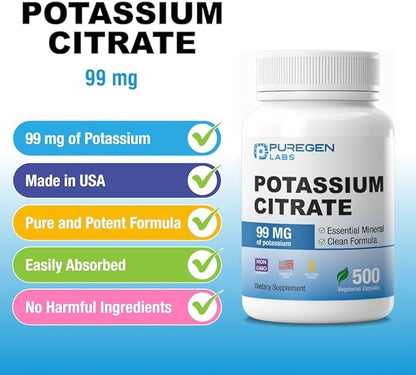 Puregen Labs Potassium Citrate 99 mg of Elemental Potassium Supplement | No Harmful Additives | Non-GMO, Gluten Free | Made in USA - 500 Vegetarian Capsules