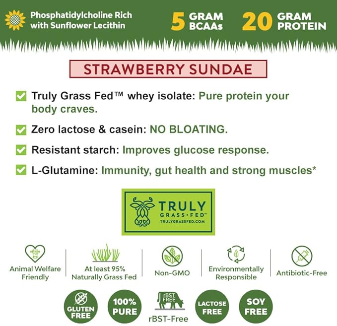 MariGold Grass-fed Whey Protein Isolate Powder - Strawberry Sundae Flavor - 1 Lb Bag | 100% Pure, Cold-Processed, Micro-Filtered, Undenatured, Non-GMO, rBGH Free, Soy Free, Gluten Free, Lactose Free