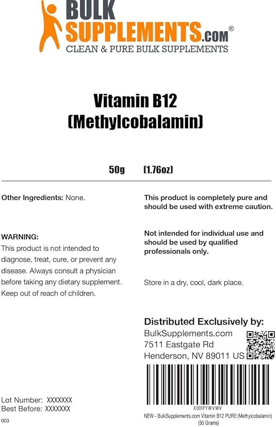 BulkSupplements.com Pure Vitamin B12 Methylcobalamin Powder - Vitamin B12 Supplements, Essential B Vitamin - Pure Product, Multiple Servings, 50g (1.8 oz) (Pack of 1)