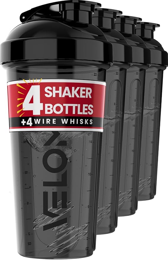 -4 PACK- 28 oz Shaker Cups for Protein Shakes - 4x Wire Whisk | BPA-Free & Dishwasher Safe | Leak Proof Protein Shaker Bottles for Protein Mixes | Large Blender Shaker Bottle Pack (4 Black)