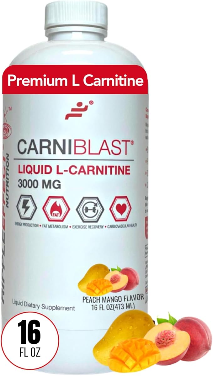 CARNIBLAST Liquid L-Carnitine 3000mg, Premium L Carnitine Carnipure, Sports Nutrition, Energy Supplement and Energy Booster, Peach Mango 16 fl oz