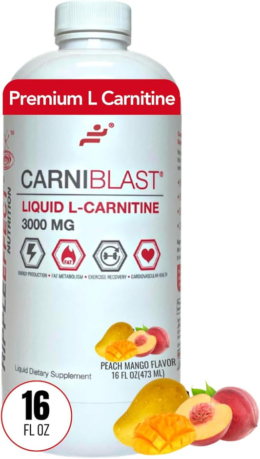 CARNIBLAST Liquid L-Carnitine 3000mg, Premium L Carnitine Carnipure, Sports Nutrition, Energy Supplement and Energy Booster, Peach Mango 16 fl oz
