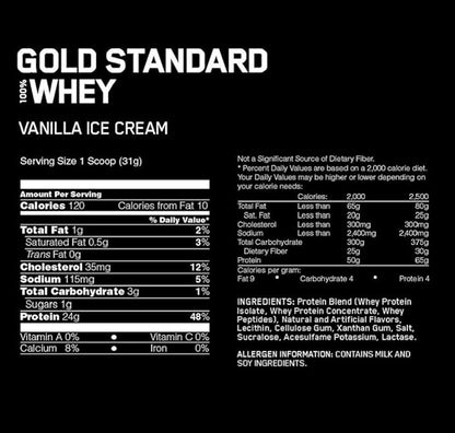 Optimum Nutrition Gold Standard 100% Whey Protein Powder, Vanilla Ice Cream, 1 Pound (Packaging May Vary)