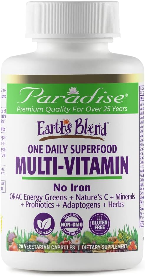 Paradise Herbs Earth's Blend Once Daily Multivitamin for Men, No Iron, 48 Organic Superfoods, Probiotics, Antioxidants, Vitamins A, B12, C, D, K2,120 Count