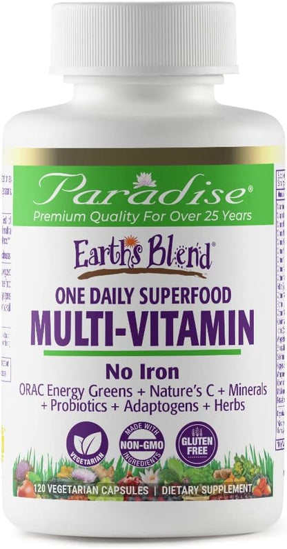 Paradise Herbs Earth's Blend Once Daily Multivitamin for Men, No Iron, 48 Organic Superfoods, Probiotics, Antioxidants, Vitamins A, B12, C, D, K2,120 Count