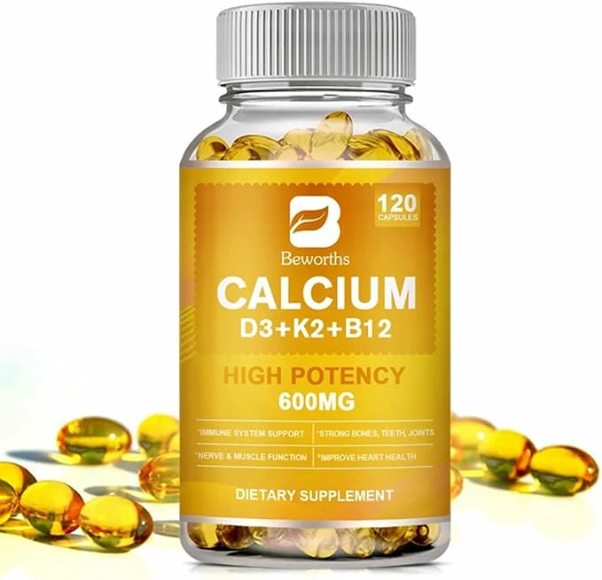 Calcium, Vitamin D3, K2 & B12 Supplement, Supports Bones, Teeth, Joints & Immune Health, Non-GMO Softgels, Yellow