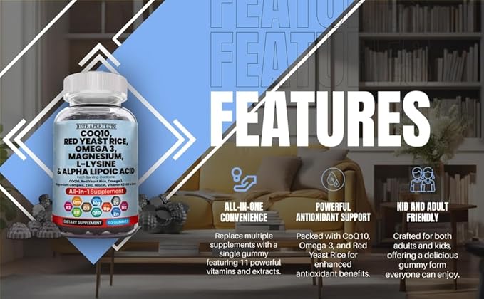 L-Lysine Coq10 Alpha Lipoic Acid Gummies Red Yeast Rice Magnesium Gummy for Adults and Kids - Amino Acid Supplements Omega 3 Niacin Zinc Vitamin K2 D3 B3 - Vitamins for Women and Men - 60 Gummy Bears