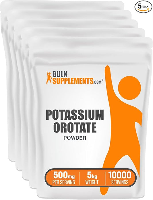 BulkSupplements.com Potassium Orotate Powder - Potassium Supplement, Potassium Orotate 500mg, Potassium Powder - Gluten Free, 500mg (95mg Potassium) per Serving, 5kg (11 lbs) (Pack of 5)