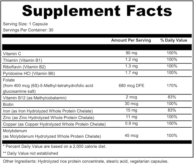 Dr. Wholeness Blood Vitality - Daily Iron Supplement and Multivitamin - Boost Ferritin and Energy, Most Effective Iron Supplement, High Potency, Non Constipating, No Nausea, and Bioavailable - 30 Caps
