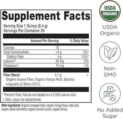Ancient Nutrition Organic Fiber Powder, Pineapple Mango, Soluble Fiber from Acacia & Konjac Root, Supports Digestive Health, Reduces Bloating, 6.4 oz