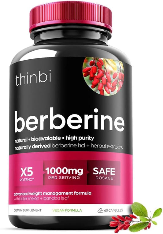 Berberine Supplement 1000mg Potent Botanical Capsules for Weight Management with Bitter Melon and Banaba Leaf - HCl from Barberry Extract- 30 Servings