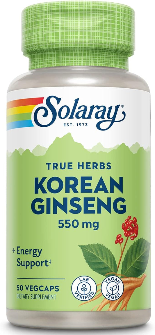 Solaray Korean Ginseng 550 mg - Ginseng Root - Stress, Physical Endurance and Energy Supplements - Non-GMO, Vegan, Lab Verified - 50 Servings, 50 VegCaps