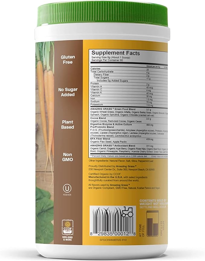 Amazing Grass Greens Superfood Powder: Greens Powder with Digestive Enzymes & Probiotics, Organic Spirulina, Chlorella, and Beet Root Powder, Chocolate, 60 Servings