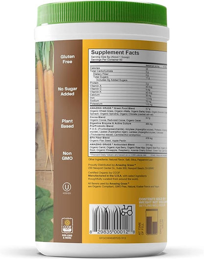 Amazing Grass Greens Superfood Powder: Greens Powder with Digestive Enzymes & Probiotics, Organic Spirulina, Chlorella, and Beet Root Powder, Chocolate, 60 Servings