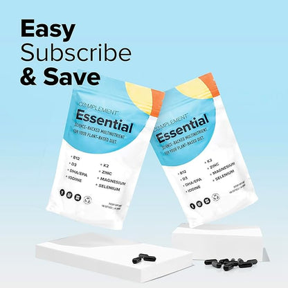 Complement 2 Month Supply Vegan Multivitamins for Women & Men (180 Capsules) Omega 3 DHA+EPA, Vitamin B12, Vitamin D3 K2, Zinc, Selenium, Magnesium, Iodine Supplement- Made in USA, 60 Servings
