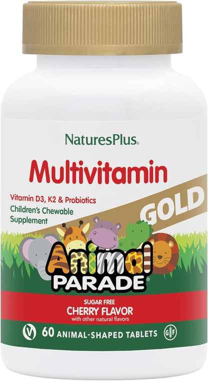 Natures Plus Animal Parade Gold Multivitamin Children’s Chewables - Cherry Flavor - 60 Chewable Animal-Shaped Tablets - with Vitamin D3, K2 & Probiotics - 30 Servings