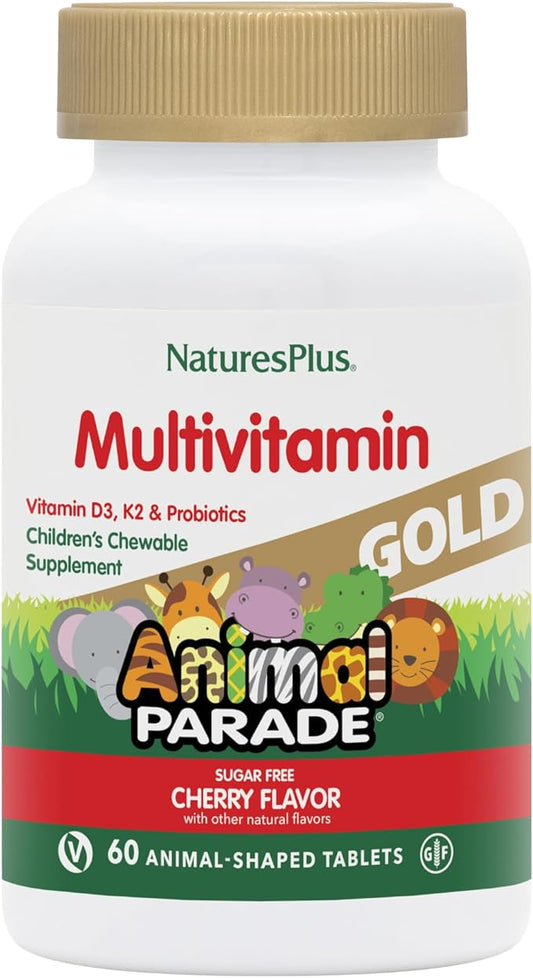 Natures Plus Animal Parade Gold Multivitamin Children’s Chewables - Cherry Flavor - 60 Chewable Animal-Shaped Tablets - with Vitamin D3, K2 & Probiotics - 30 Servings