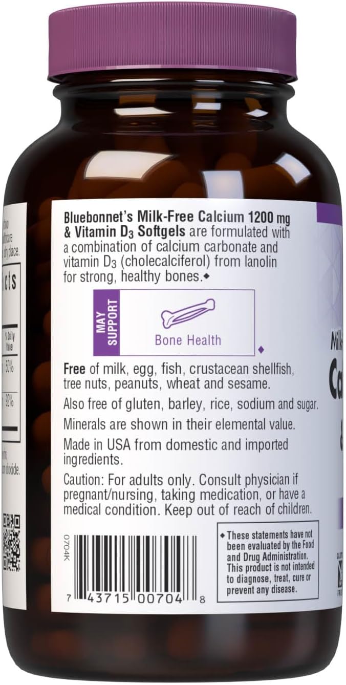 Bluebonnet Nutrition Milk-Free Calcium 1,200 mg Plus Vitamin D3 400 IU - High Potency, Maximum Absorption Strong Healthy Bones & Immune Health Support Supplement, Gluten-Free, Dairy-Free, 120 Softgels