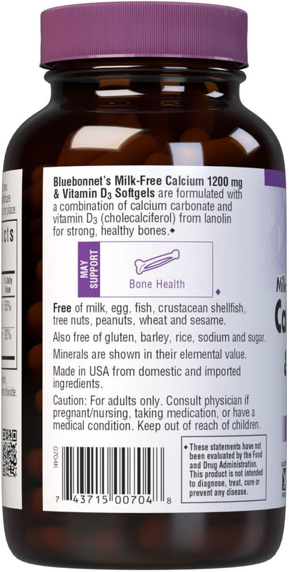 Bluebonnet Nutrition Milk-Free Calcium 1,200 mg Plus Vitamin D3 400 IU - High Potency, Maximum Absorption Strong Healthy Bones & Immune Health Support Supplement, Gluten-Free, Dairy-Free, 120 Softgels