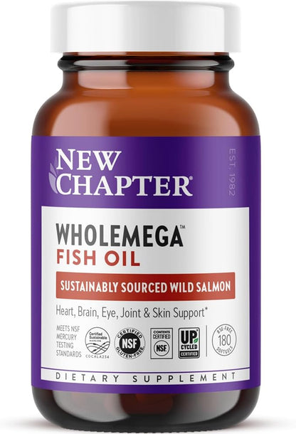 New Chapter Wholemega Fish Oil Supplement - Wild Alaskan Salmon Oil with Omega-3 + Vitamin D3 + Astaxanthin + Sustainably Caught - 180 ct, 1000mg Softgels