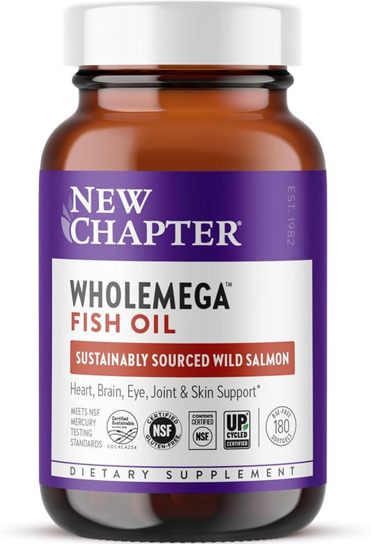 New Chapter Wholemega Fish Oil Supplement - Wild Alaskan Salmon Oil with Omega-3 + Vitamin D3 + Astaxanthin + Sustainably Caught - 180 ct, 1000mg Softgels